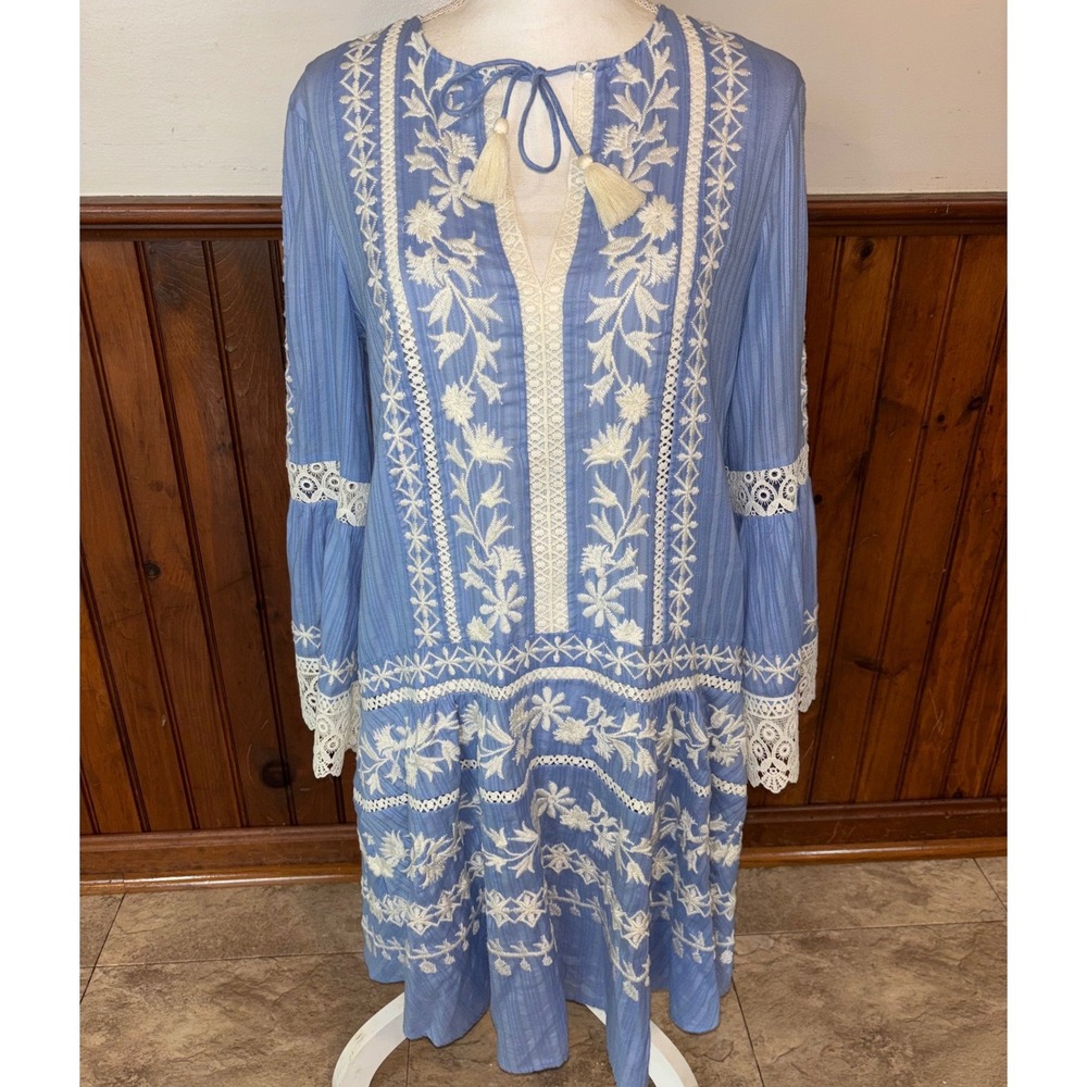 Tory Burch Womens Blue Gabriella Embroidered Lace Bohemian Bell Sleeve Dress 4